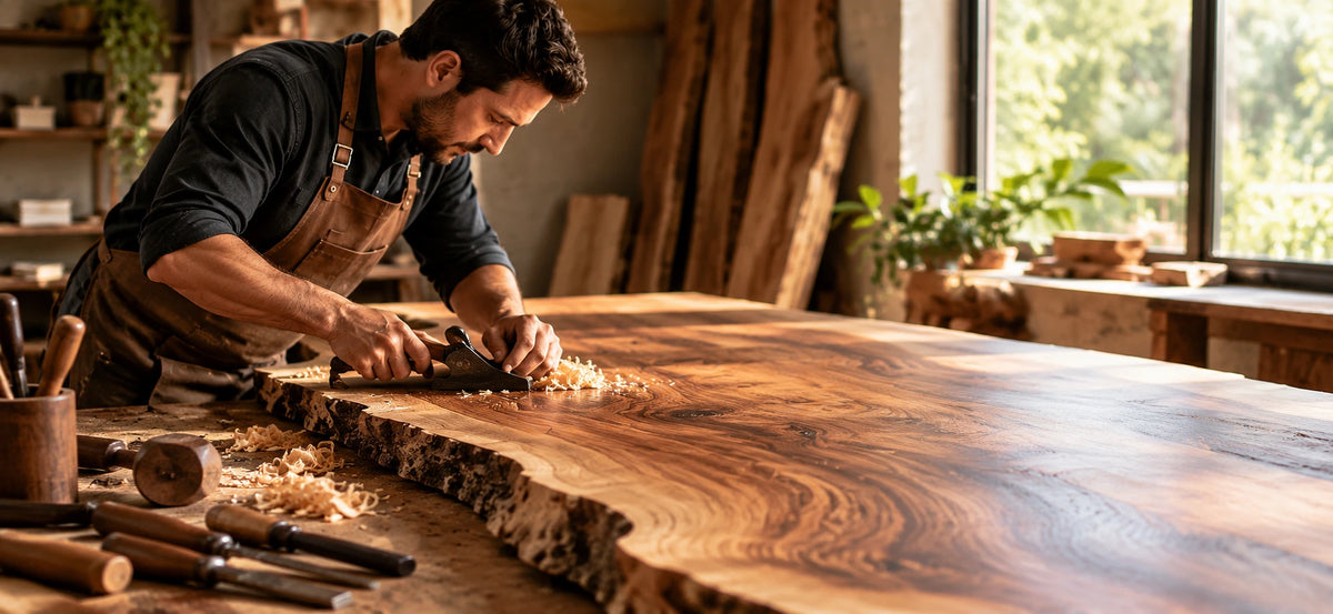 Craftsman working with natural wood in a workshop